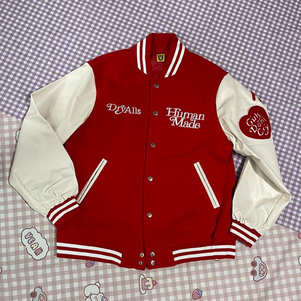 Human Made Heart Embroidered Leather Sleeves Baseball Jacket